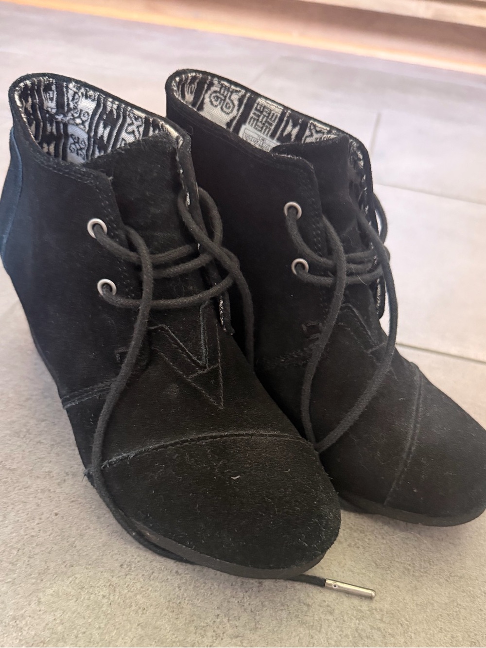 Toms Desert Sand Black Suede Lace-Up Wedge Booties - Women